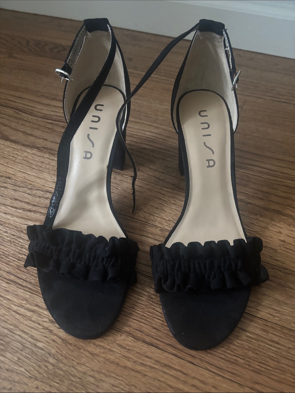 Unisa Black Ruffle Open-Toe Ankle-Strap Heels